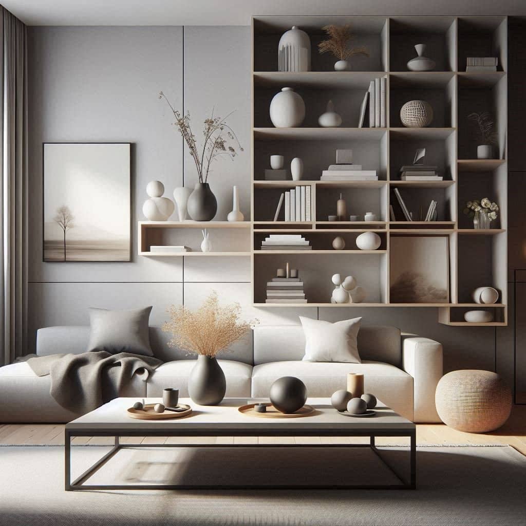 Minimalist-living-room-with-hidden-storage-solutions-sleek-shelves-and-a-clutter-free-coffee-table-styled-with-a-vase-books-and-decorative-sculpture